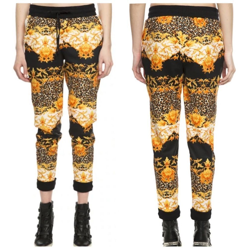 MINKPINK Imperial Jungle Jogger Pants Lion Head Black  Orange Leopard Print